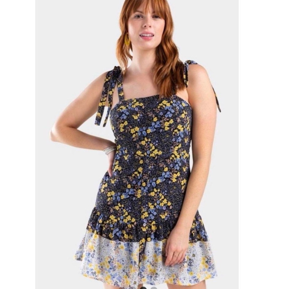 Jun & Ivy • Floral Pastel Patchwork Front Tie Spaghetti Strap Dress Size Medium
